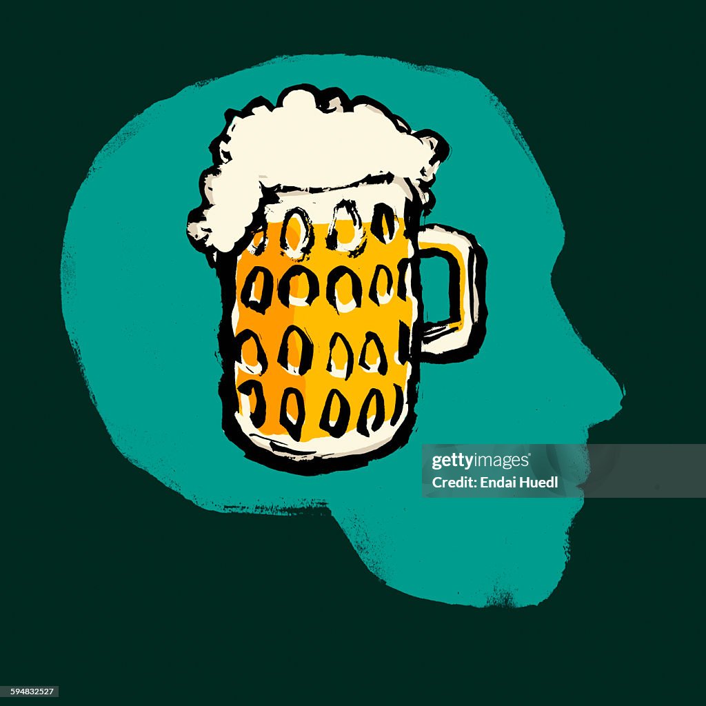 Illustration of pint glass of beer in human head against green background