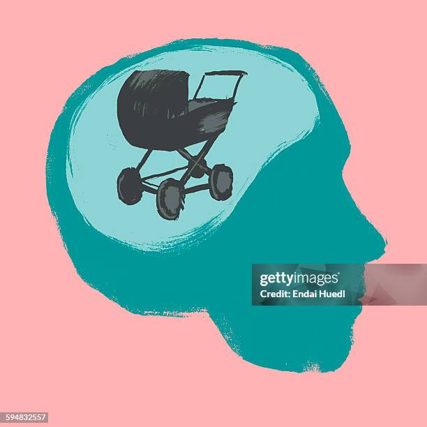 stockillustraties, clipart, cartoons en iconen met illustration of baby carriage in human brain against pink background - kinderkoets