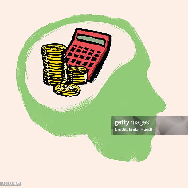 illustration of stacked coins and calculator in human brain against white background - greed stock illustrations