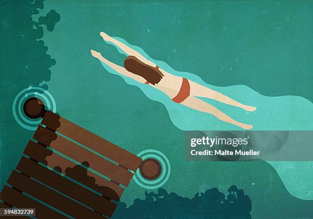 illustration of woman swimming in lake - see stock-grafiken, -clipart, -cartoons und -symbole