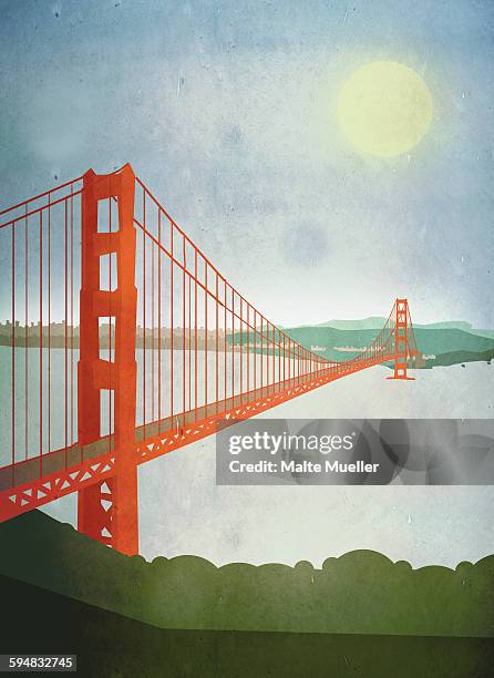 ilustraciones, imágenes clip art, dibujos animados e iconos de stock de illustration of golden gate bridge over san francisco bay - san francisco bridge