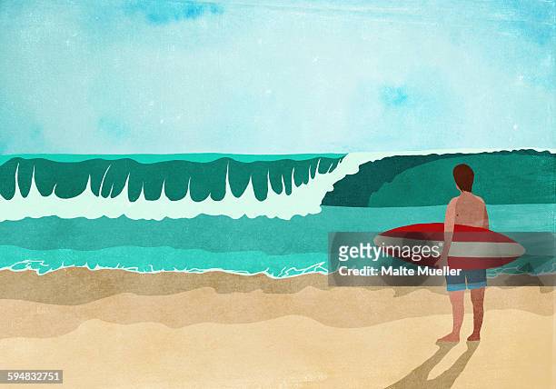 ilustraciones, imágenes clip art, dibujos animados e iconos de stock de illustrative image of surfboarder standing on beach - surf beach