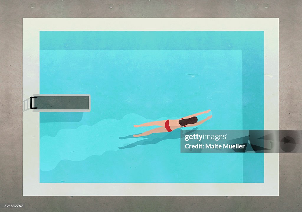 Illustration of woman swimming in pool at resort