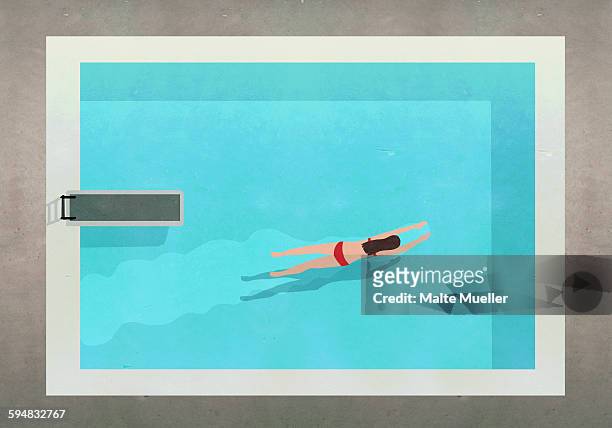 illustration of woman swimming in pool at resort - one woman only stock illustrations