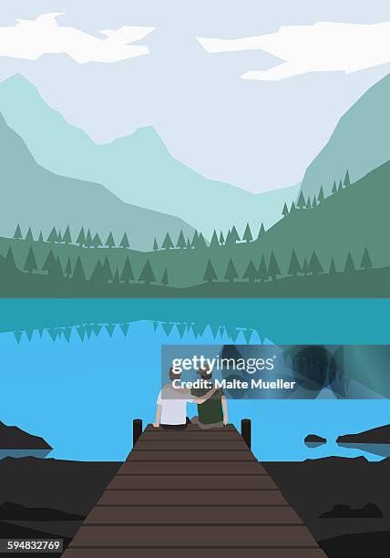 illustration of friends sitting on pier by lake against mountains - mates stock illustrations