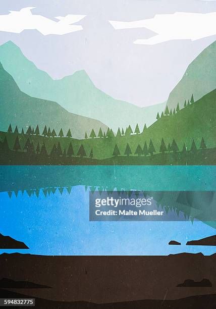 illustrative image of lake and mountains - landschaftspanorama stock-grafiken, -clipart, -cartoons und -symbole