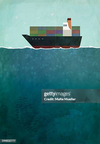 illustrations, cliparts, dessins animés et icônes de illustration of cargo ship sailing on sea - cargo