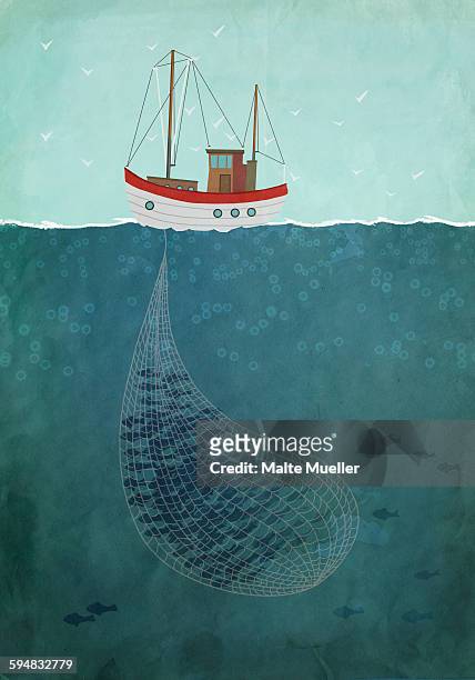 illustrative image of fishing trawler on sea - fischschwarm stock-grafiken, -clipart, -cartoons und -symbole
