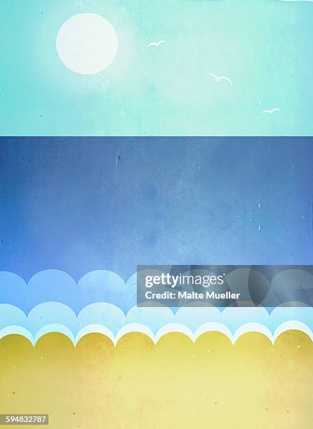 illustration of beach on sunny day - horizon over water stock illustrations