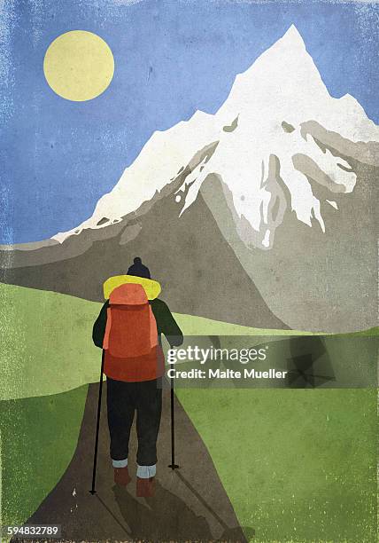 illustration of hiker standing in front of snowcapped mountain - wandern stock-grafiken, -clipart, -cartoons und -symbole