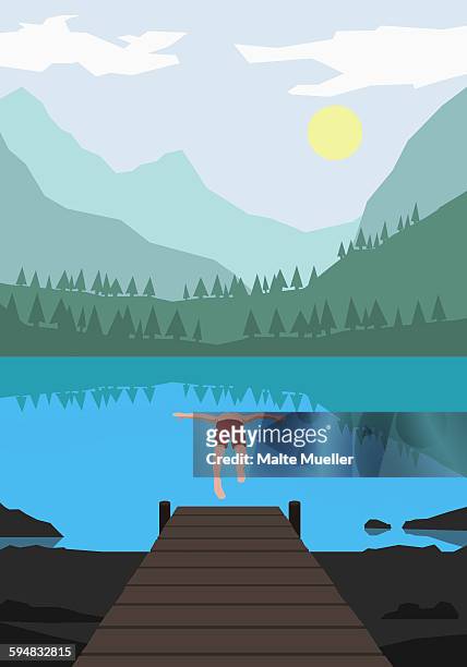 illustration of man diving into lake against mountains - diving stock illustrations