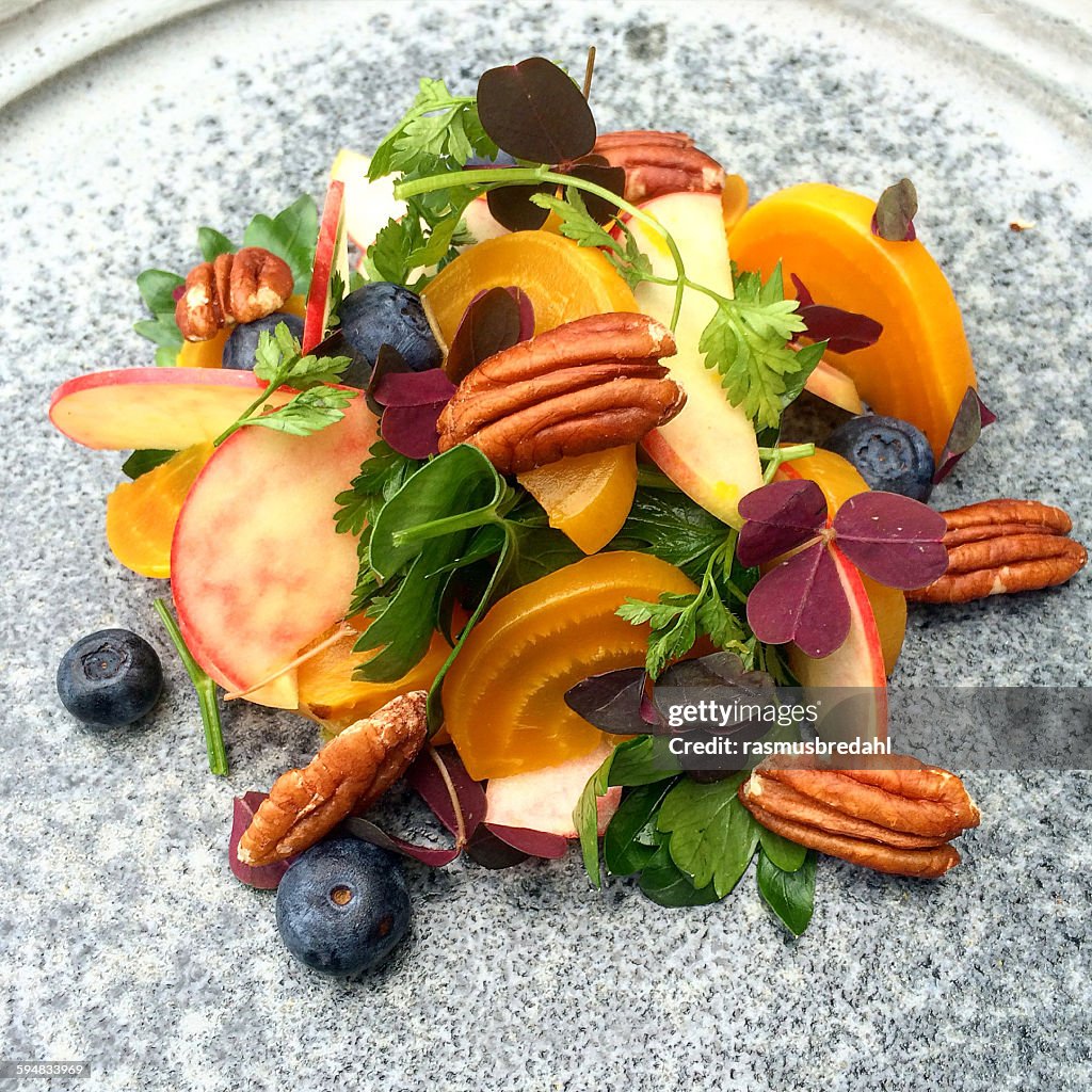Beetroot, pecan, blueberry, apple  and parsley salad