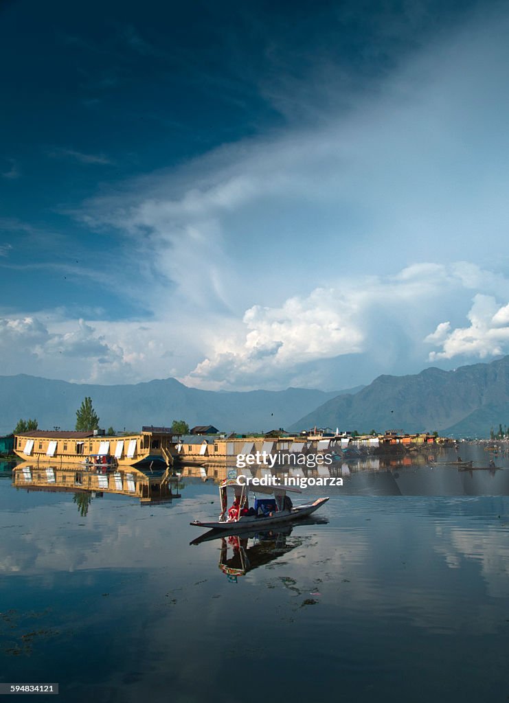 Houseboats and taxi boats on Dal Lake, Kashmir, India