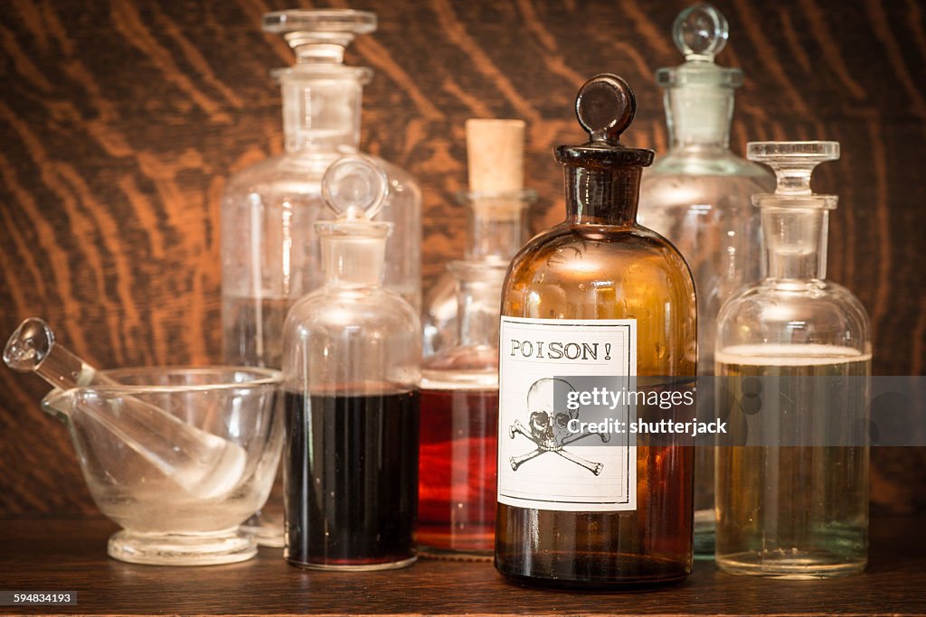 Glass bottles with poison label