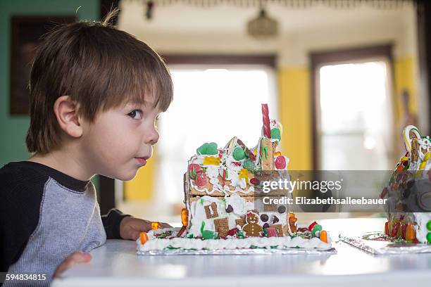 side view of boy looking at gingerbread houses - looking back stock-fotos und bilder