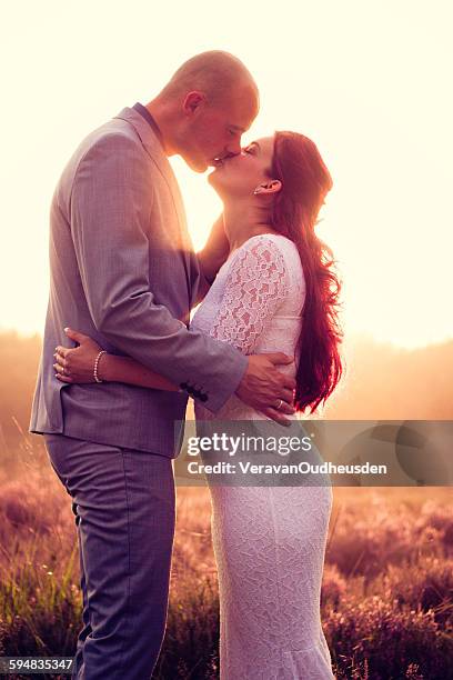 newlywed couple kissing - rural scene wedding stock pictures, royalty-free photos & images