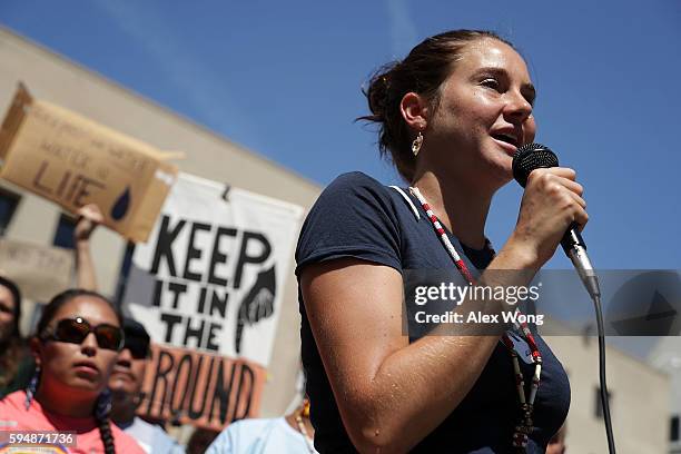 Actress Shailene Woodley speaks during a rally on Dakota Access Pipeline August 24, 2016 outside U.S. District Court in Washington, DC. Activists...