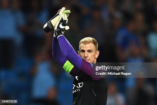 Joe Hart of Manchester City applauds the fans after the UEFA Champions League Play-off Second Leg match between Manchester City and Steaua Bucharest...