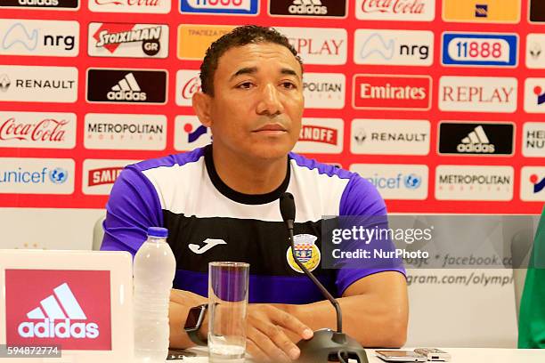 Arouca's Angolan head coach Lito Vidigal during the press conference of UEFA Europa League match between FC Olympiacos and FC Arouca at Georgios...