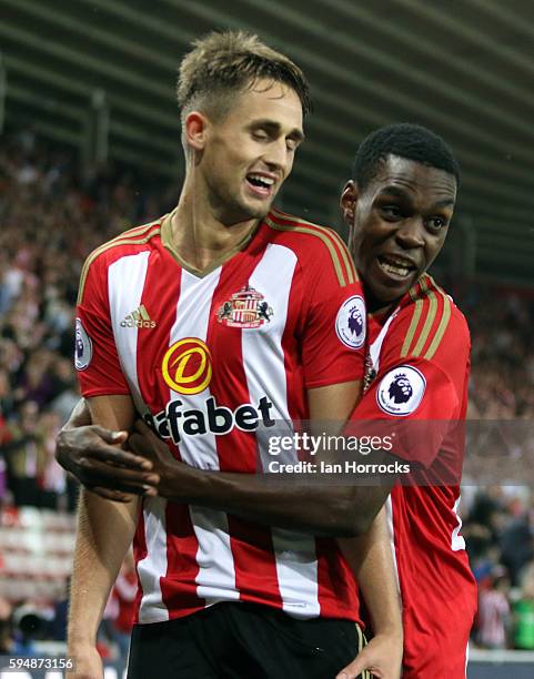 Adna Januzaj of Sunderland celebrates with Joel Asoro after scoring the first goal during the EFL Cup second round match between Sunderland AFC and...