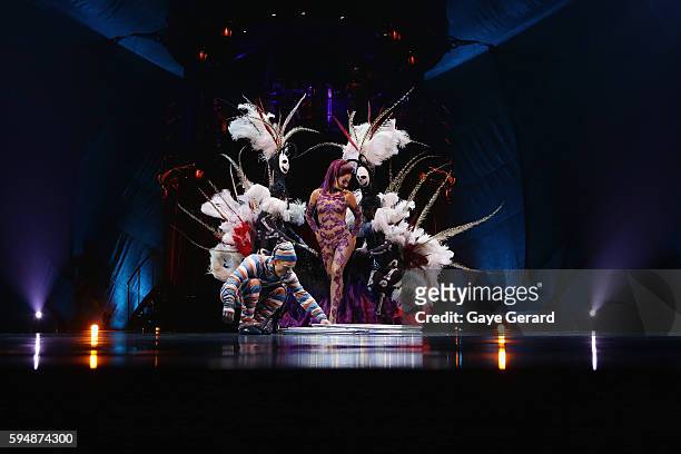 Hoops Manipulation performed by Irina Akimova during the Cirque du Soleil KOOZA Sydney Dress Rehearsal at The Entertainment Quarter on August 24,...