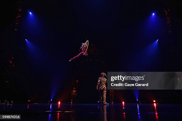 Marie Eve Bisson from Canada performs during the Cirque du Soleil KOOZA Sydney Dress Rehearsal at The Entertainment Quarter on August 24, 2016 in...