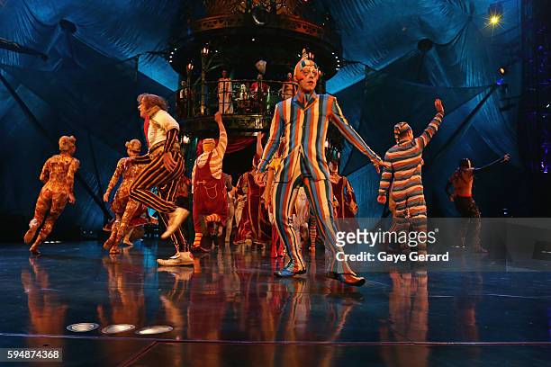 Performers onstage during the Cirque du Soleil KOOZA Sydney Dress Rehearsal at The Entertainment Quarter on August 24, 2016 in Sydney, Australia.