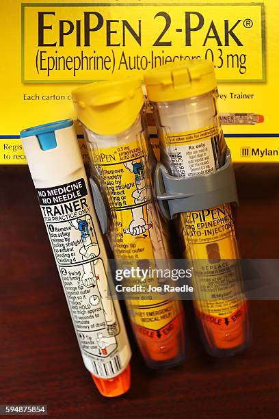 In this photo illustration, EpiPen, which dispenses epinephrine through an injection mechanism for people with severe allergies, is seen as the...