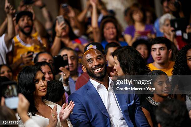 Kobe Bryant and his family, his wife Vanessa Laine Bryant, left, and daughters Gianna Maria Onore Bryant, right, and Natalia Diamante Bryant, far...