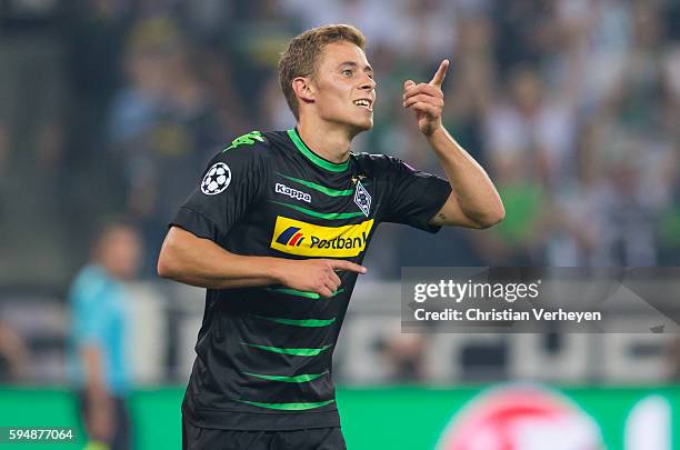 Thorgan Hazard of Borussia Moenchengladbach celebrate after he scores is teams fourth goal during the UEFA Champions League Qualifying Play-Offs...