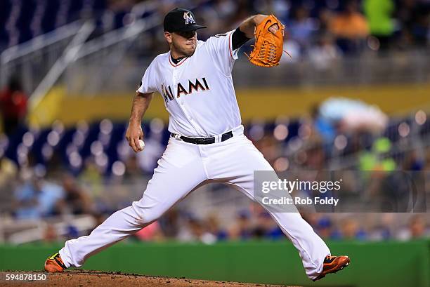 Jose Fernandez of the Miami Marlins pitches during the second inning of the game against the Kansas City Royals at Marlins Park on August 24, 2016 in...