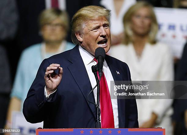 Republican Presidential nominee Donald Trump speaks to a crowd at a rally at the Mississippi Coliseum on August 24, 2016 in Jackson, Mississippi....