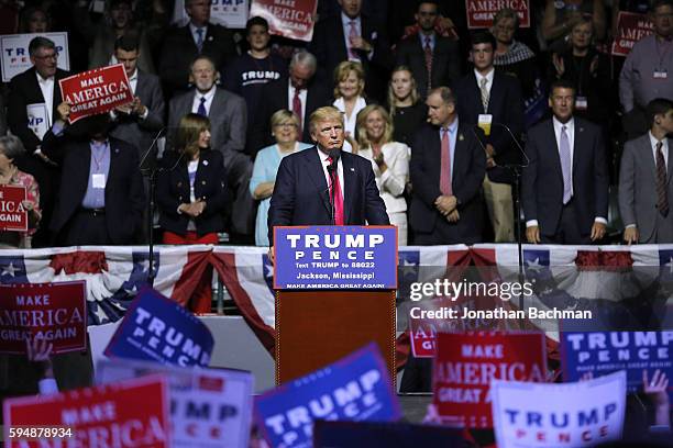 Republican Presidential nominee Donald Trump speaks to a crowd at the Mississippi Coliseum on August 24, 2016 in Jackson, Mississippi. Thousands...