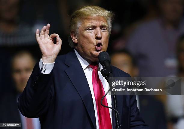 Republican Presidential nominee Donald Trump speaks to the crowd at a rally at the Mississippi Coliseum on August 24, 2016 in Jackson, Mississippi....