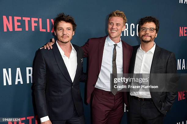 Actors Pedro Pascal, Boyd Holbrook and Wagner Moura attend the Season 2 premiere of Netflix's "Narcos" at ArcLight Cinemas on August 24, 2016 in...