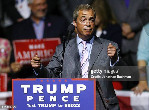 United Kingdom Independence Party leader Nigel Farage speaks during a campaign rally for Republican Presidential nominee Donald Trump at the...