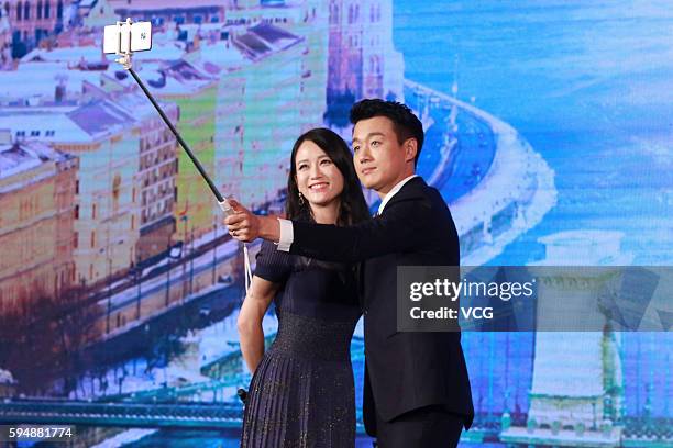 Actress Joe Chen and actor Tong Dawei attend press conference of new drama "Love Actually" on August 24, 2016 in Beijing, China.