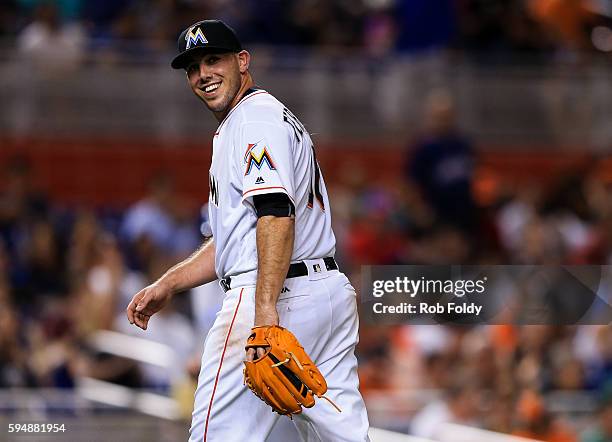 Jose Fernandez of the Miami Marlins walks of the field during the third inning of the game against the Kansas City Royals at Marlins Park on August...