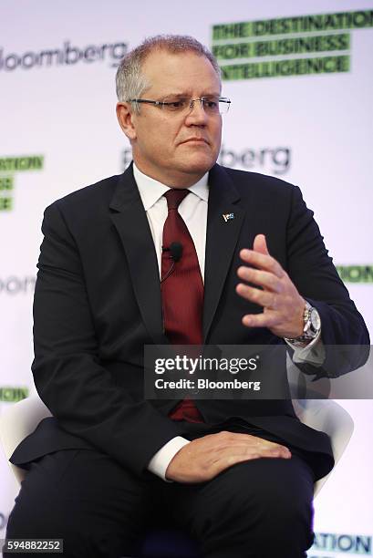 Scott Morrison, Australia's treasurer, pauses as he speaks during a Bloomberg business breakfast event in Sydney, Australia, on Thursday, Aug. 25,...