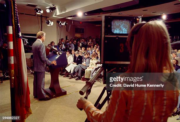 President Jimmy Carter speaks at a presidential news conference at the Old Executive Office Building, April 15, 1977 in Washington, DC.