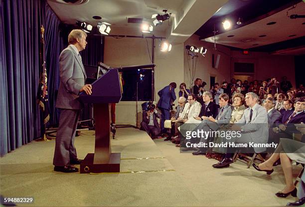 President Jimmy Carter holds a presidential news conference at the Old Executive Office Building, April 15, 1977 in Washington, DC.