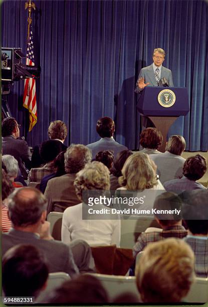 President Jimmy Carter holds a presidential news conference at the Old Executive Office Building, April 15, 1977 in Washington, DC.