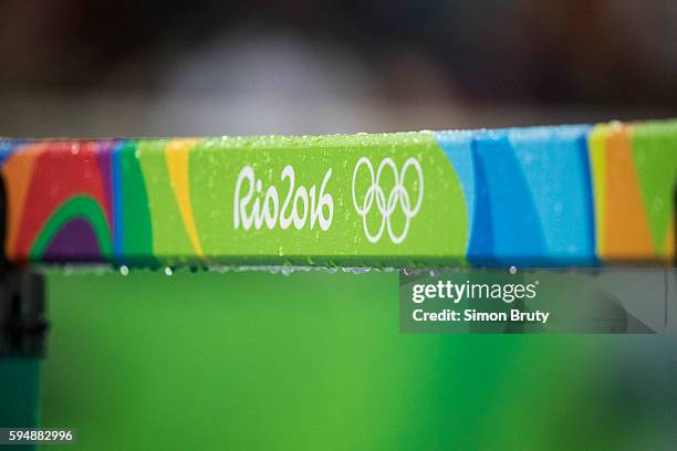 Summer Olympics: Closeup view of Rio 2016 logo and Olympics Rings on hurdle at the Olympic Stadium. Rio de Janeiro, Brazil 8/15/2016 CREDIT: Simon...