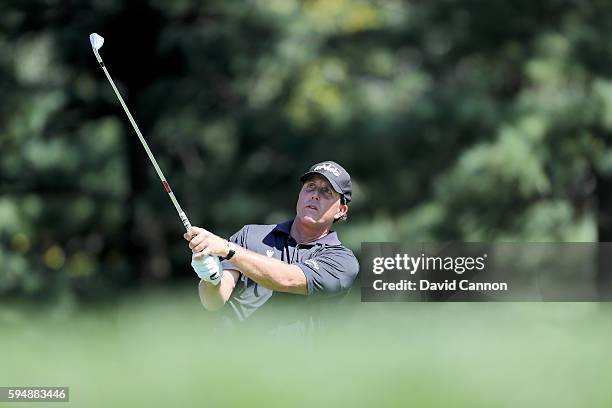 Phil Mickelson of the United States in action during the pro-am as a preview for The Barclays in the PGA Tour FedExCup Play-Offs on the Black Course...