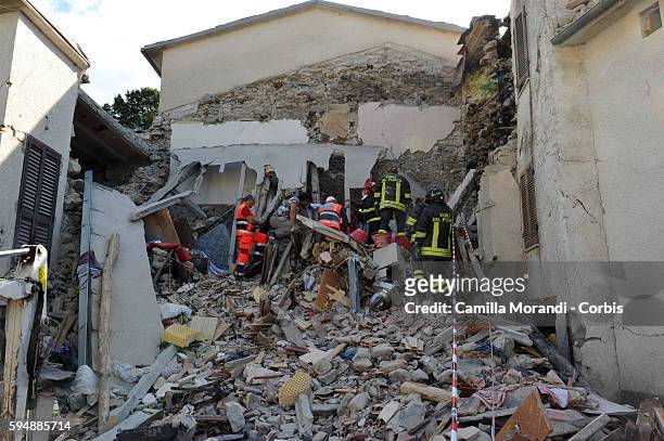 Rescue teams continue to search for survivors in the village of Fonte del Campo following a major earthquake on August 24, 2016 in Rieti, Italy....