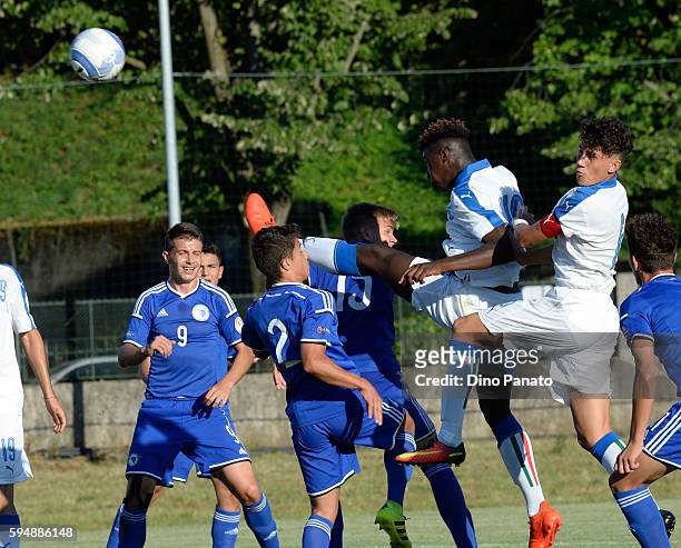 Bioty Moise Kean and Davide Bettella of Italy U16 in action during the International Friendly between Italy U16 and Bosnia U16 at Stadio Enzo Bearzot...