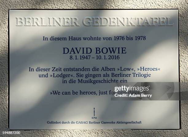 Plaque for British musician David Bowie hangs on his former residence in Berlin on August 24, 2016 in Berlin, Germany. Bowie, who died in January,...