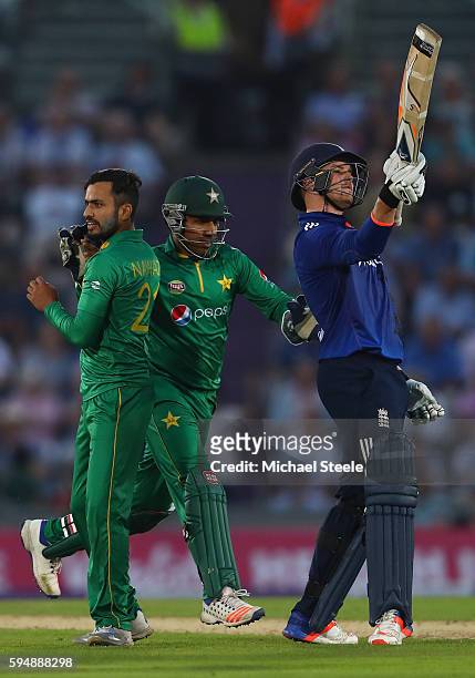 Jason Roy of England shows his frustration after being caught by Babar Azam off the bowling of Mohammad Nawaz during the first Royal London One- Day...