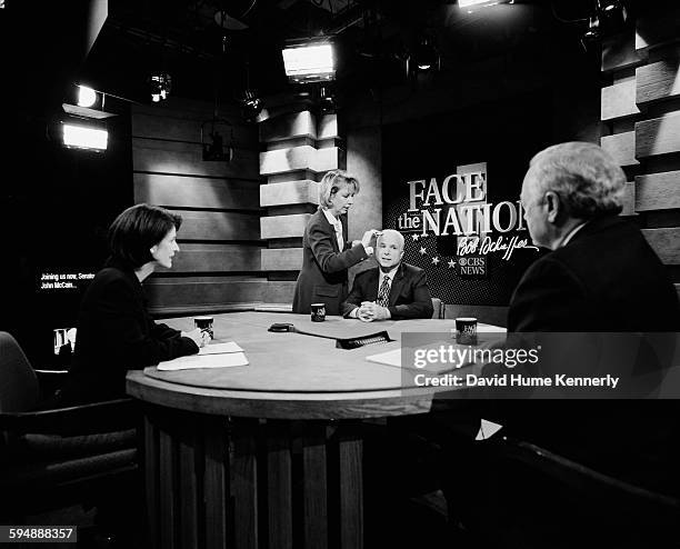 Senator John McCain gets made up to appear on Face the Nation, January 9, 2000 in Washington, DC.