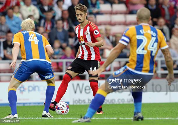 Adnan Januzaj of Sunderland attacks the Shrews defence during the EFL Cup second round match between Sunderland AFC and Shrewsbury Town FC at Stadium...